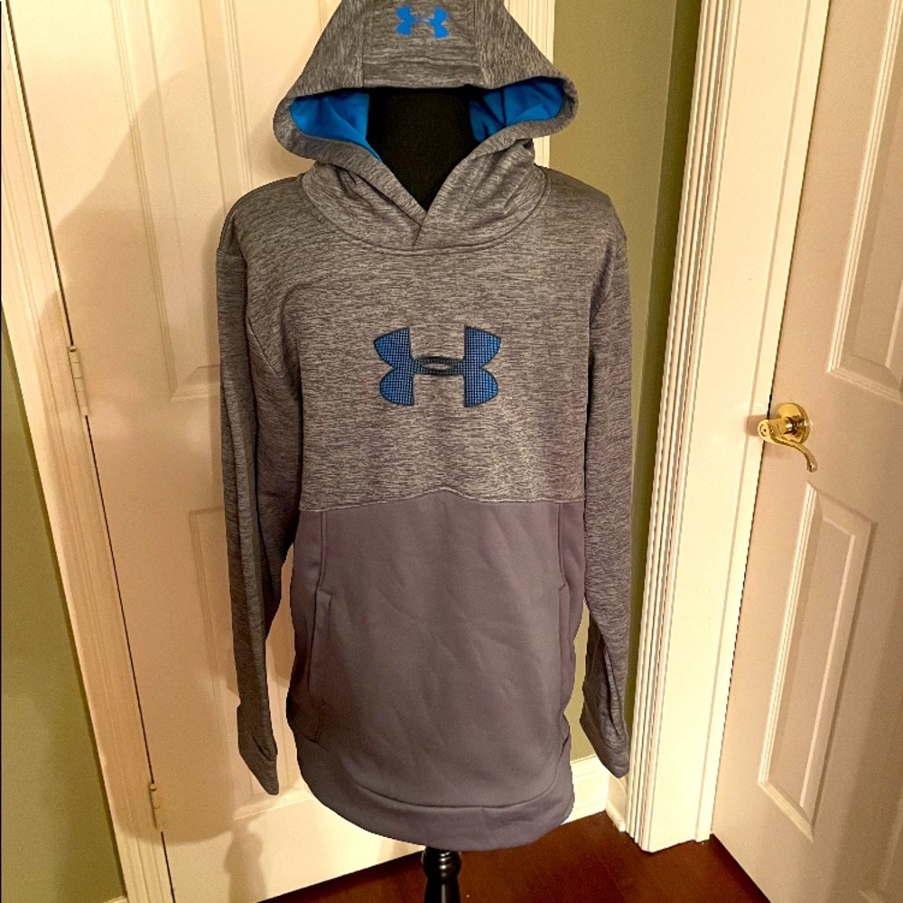 Grey Under Armour hoodie with blue emblem